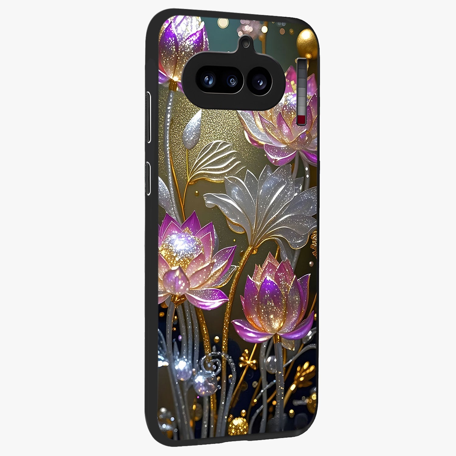 Golden Floral Majesty Glass Case upright view showcasing majestic floral artwork with rich decorative theme.