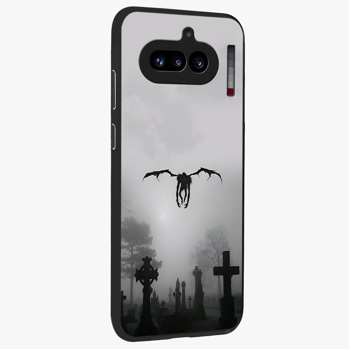 Graveyard Shadow Descent Glass Case upright view showcasing haunting graveyard artwork with dramatic dark theme.