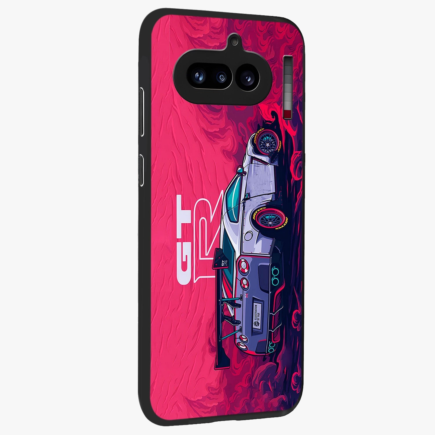 GT-R Car Pattern Glass Case upright view showcasing dynamic car pattern artwork with modern sports theme.