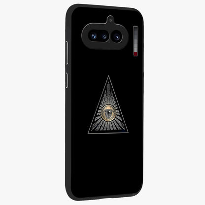 Illuminati Evil Glass Case upright view showcasing striking illuminati artwork with mysterious symbolic theme.