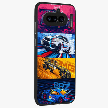 JDM Sports Car Glass Case upright view showcasing dynamic sports car artwork with bold racing theme.