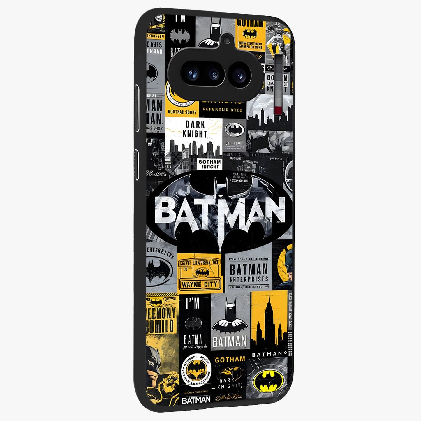 Knight Gotham Rise Glass Case upright view showcasing bold vigilante themed artwork with gothic city vibe.