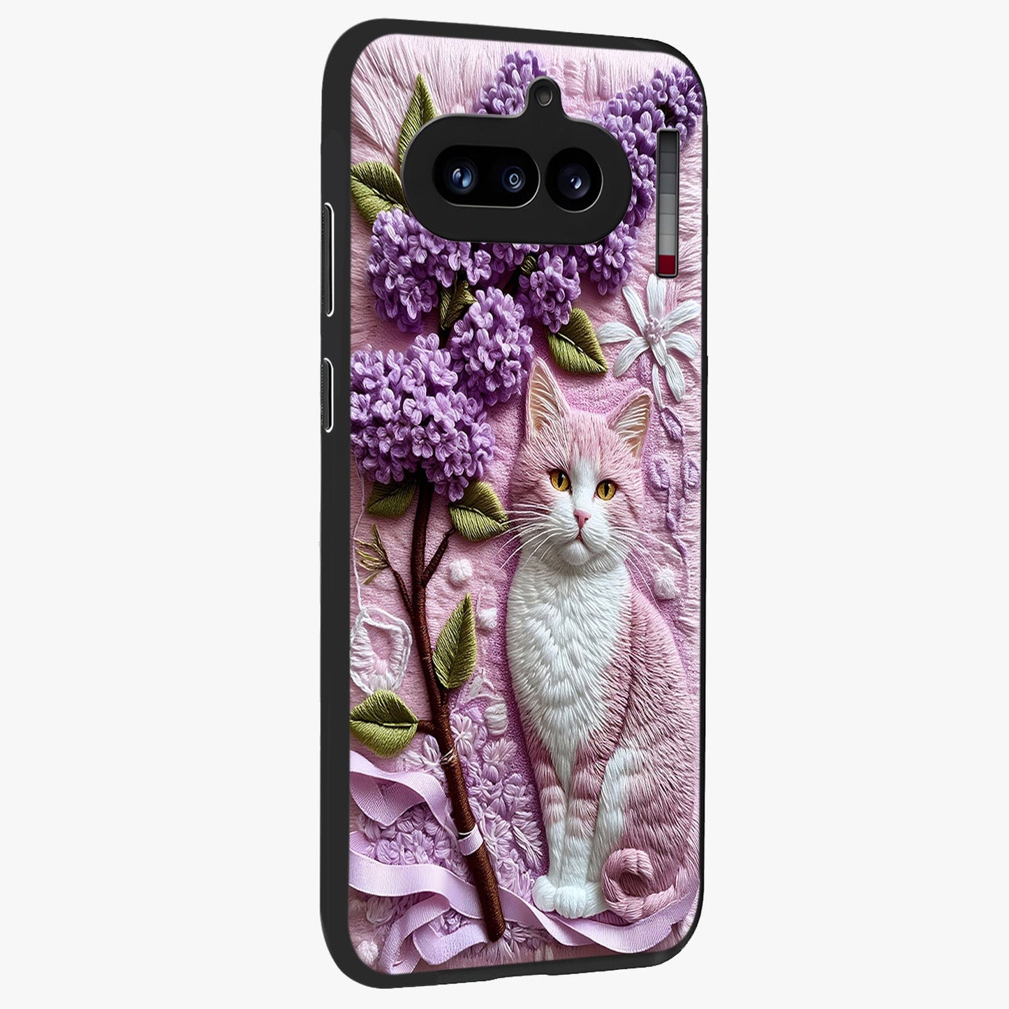 Lavender Cat Whimsy Glass Case upright view showcasing charming cat artwork with whimsical lavender theme.