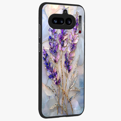 Lavender Dream Glow Glass Case upright view showcasing radiant lavender glow artwork with calming dreamy theme.