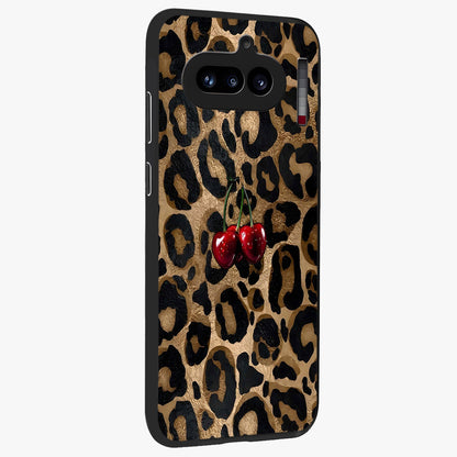 Leopard Wild Cherry Glass Case upright view showcasing stylish leopard pattern artwork with trendy fashion theme.