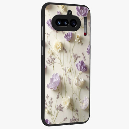 Lilac Breeze Harmony Glass Case upright view showcasing delicate lilac artwork with peaceful floral theme.