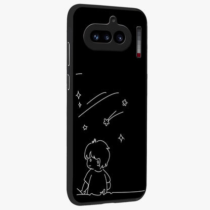 Line Art Boy With Shooting Stars Glass Case upright view showcasing artistic shooting star illustration with minimal style.