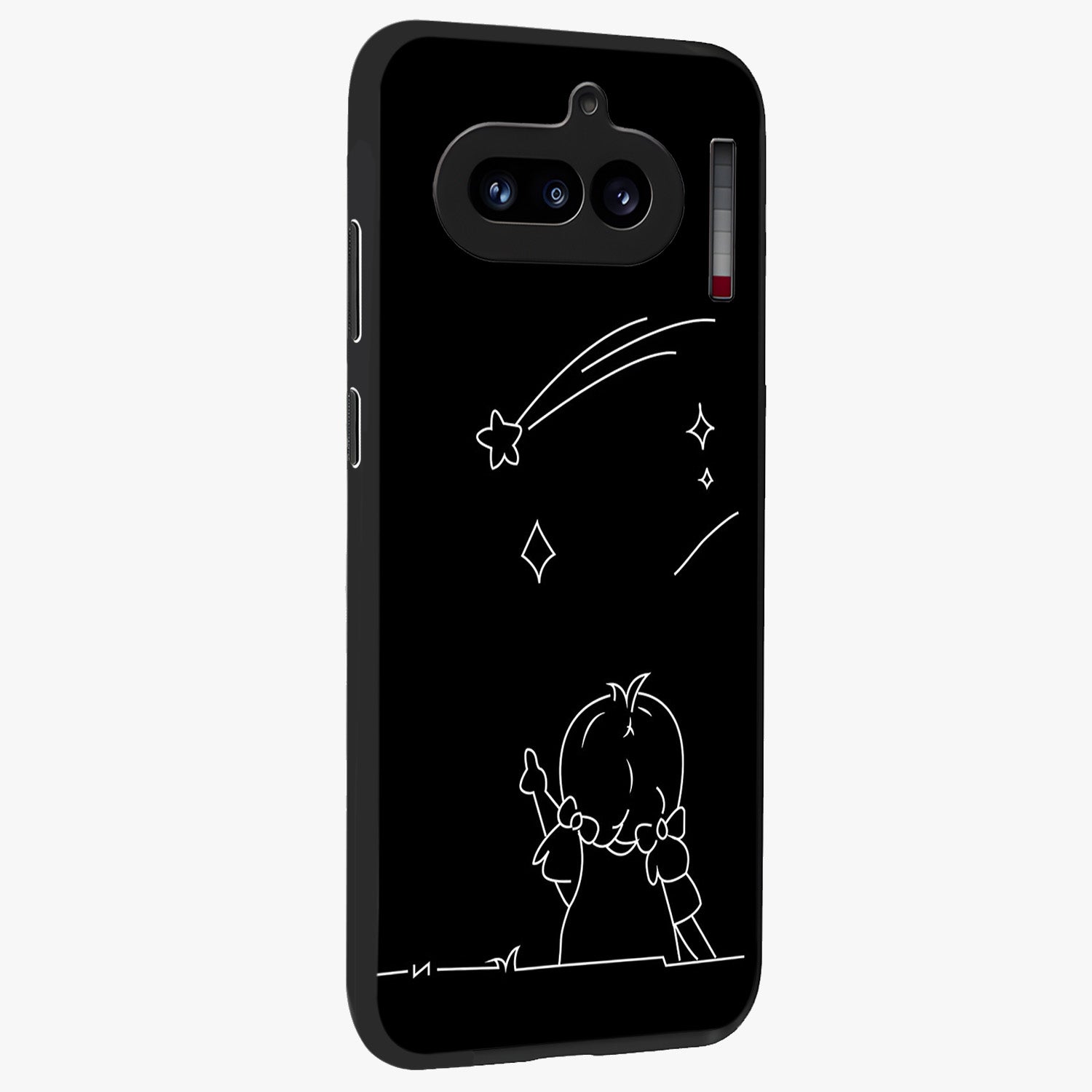 Line Art Girl With Shooting Stars Glass Case upright view showcasing delicate shooting stars artwork with minimal artistic theme.