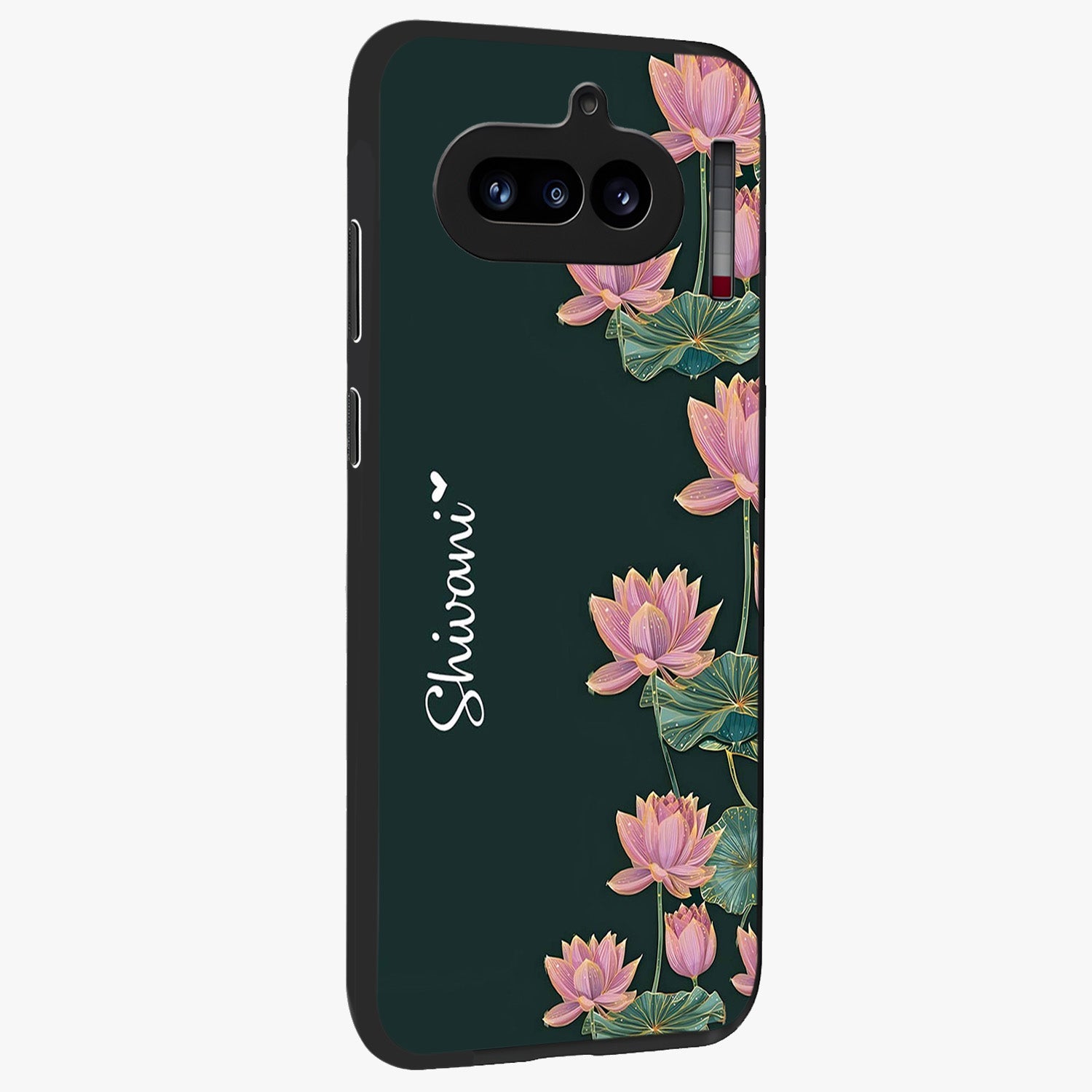 Lotus Bloom Serenity Custom Name Glass Case upright view showcasing serene lotus bloom artwork with personalized floral aesthetic.