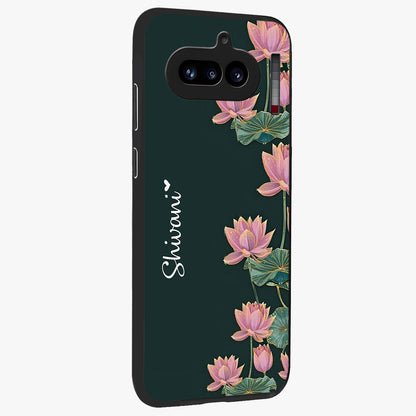 Lotus Bloom Serenity Custom Name Glass Case upright view showcasing serene lotus bloom artwork with personalized floral aesthetic.