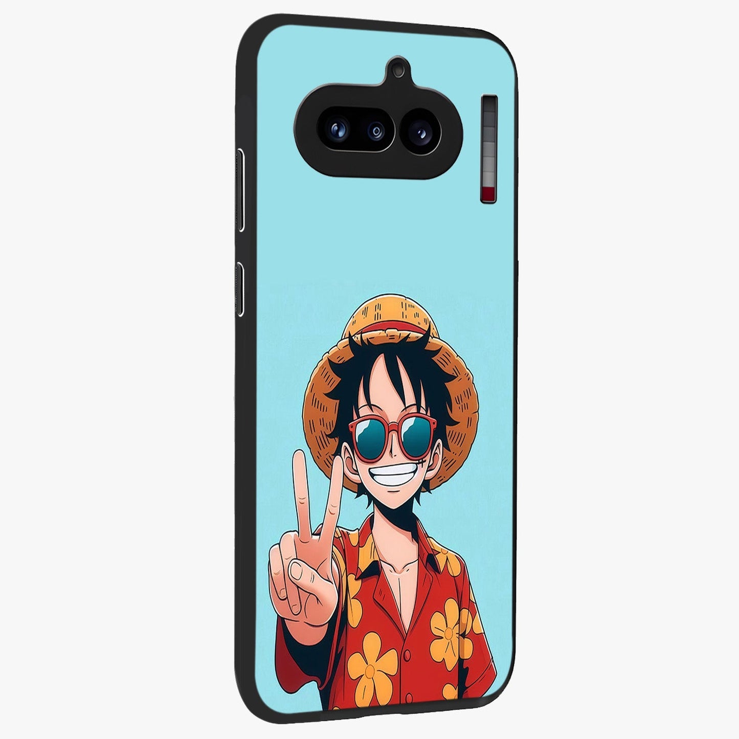 Luffy Summer Anime Vibe Glass Case upright view showcasing dynamic anime artwork with bright adventurous theme.