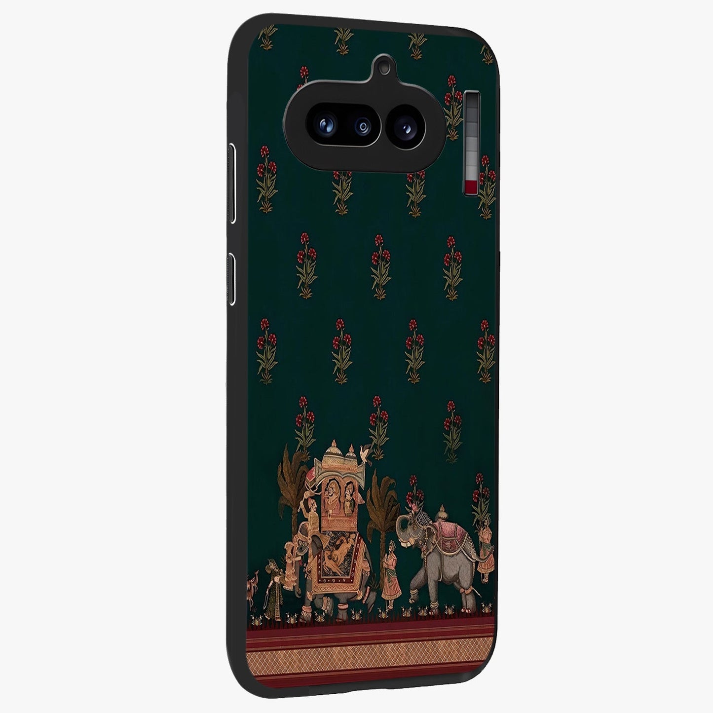 Macmerise Glass Case upright view showcasing bold artistic artwork with contemporary design theme.