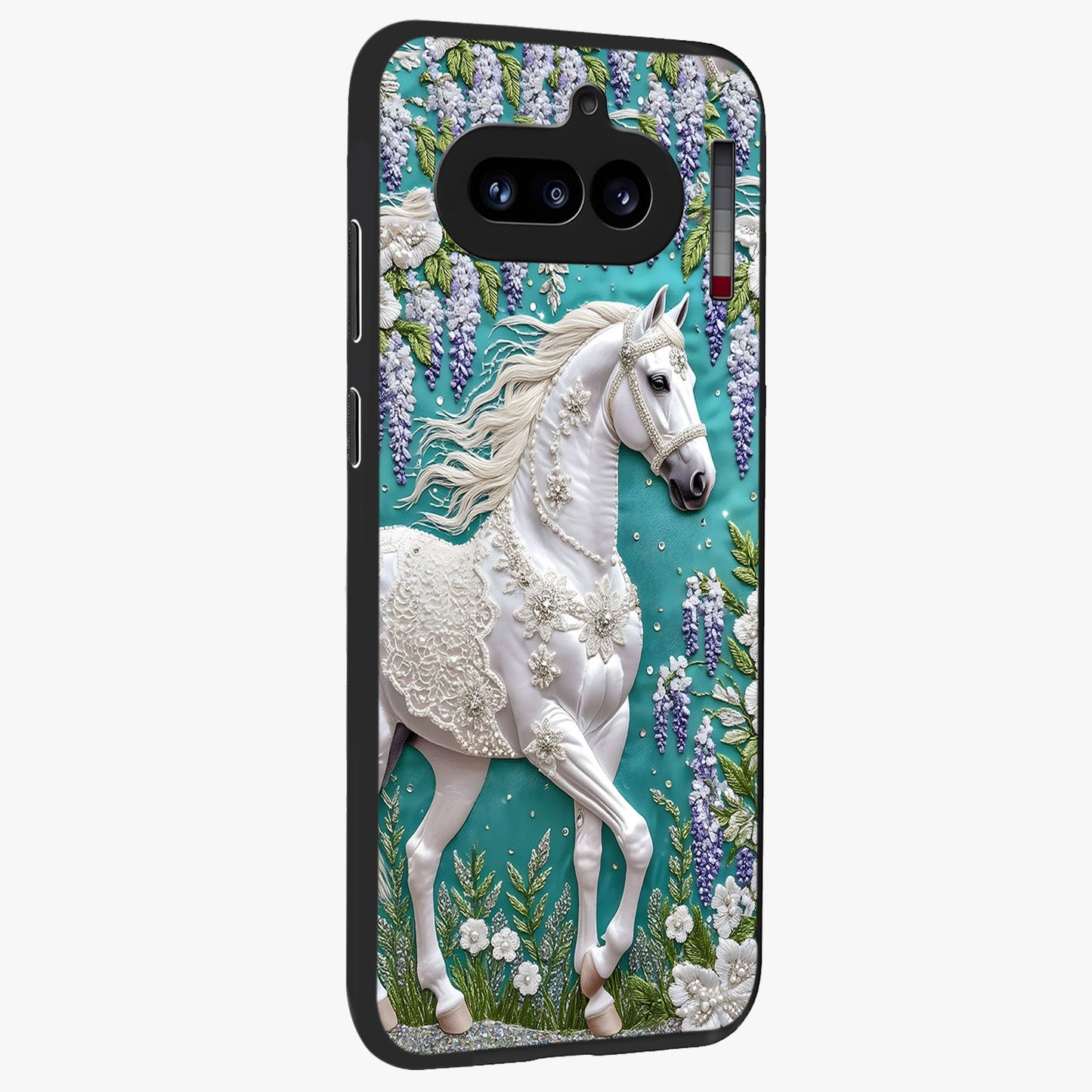 Majestic Floral Stallion Glass Case upright view showcasing dramatic horse artwork with decorative floral theme.
