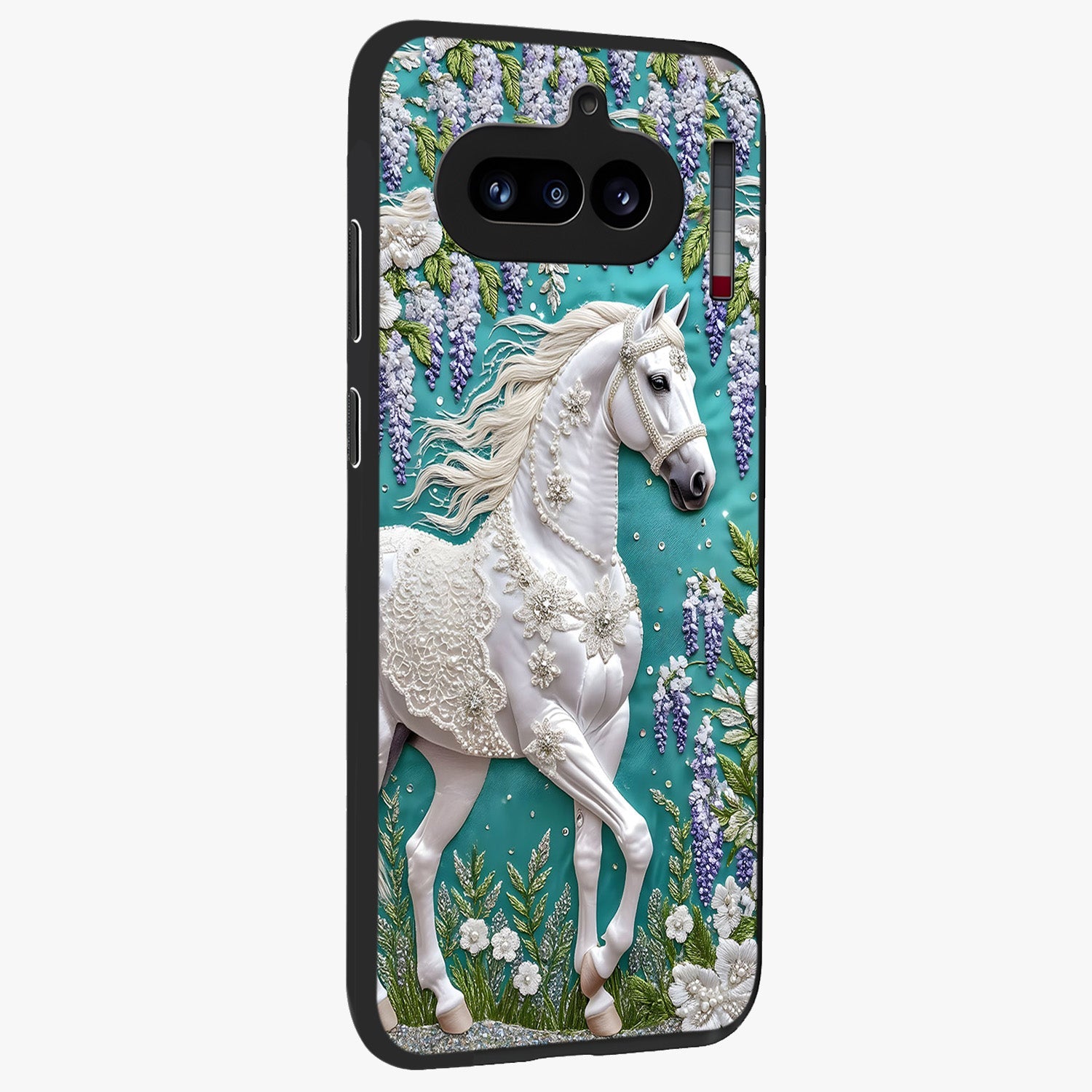 Majestic Floral Stallion Glass Case upright view showcasing dramatic horse artwork with decorative floral theme.