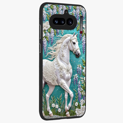 Majestic Floral Stallion Glass Case upright view showcasing dramatic horse artwork with decorative floral theme.