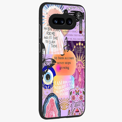 Manifestation Collage Glass Case upright view showcasing artistic manifestation themed artwork with creative style.