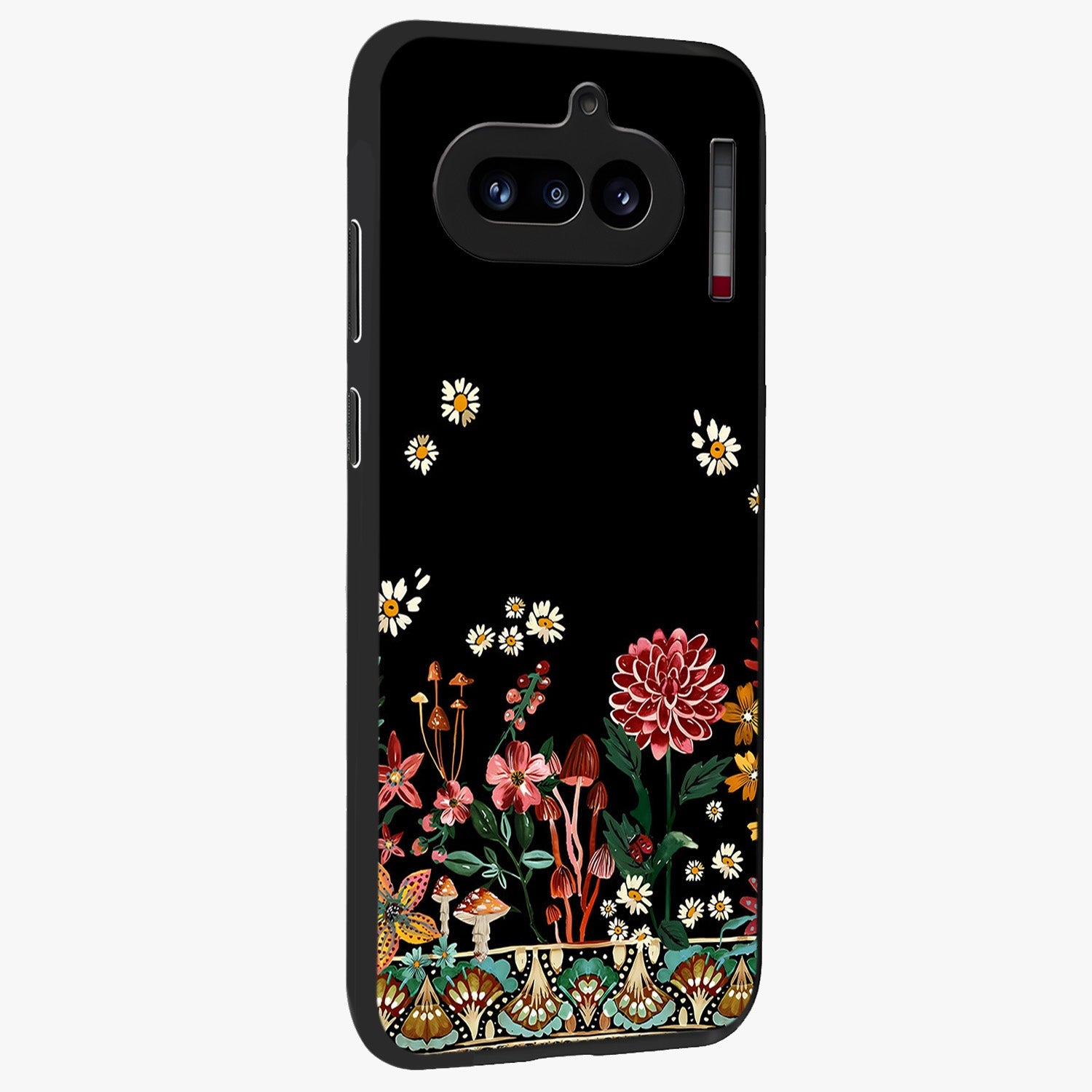 Midnight Bloom Pattern Glass Case upright view showcasing decorative floral artwork with deep night themed palette.