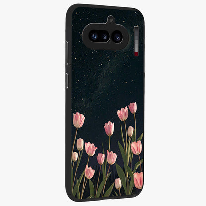 Midnight Tulip Whispers Vibe Glass Case upright view showcasing graceful tulip artwork with calm botanical theme.
