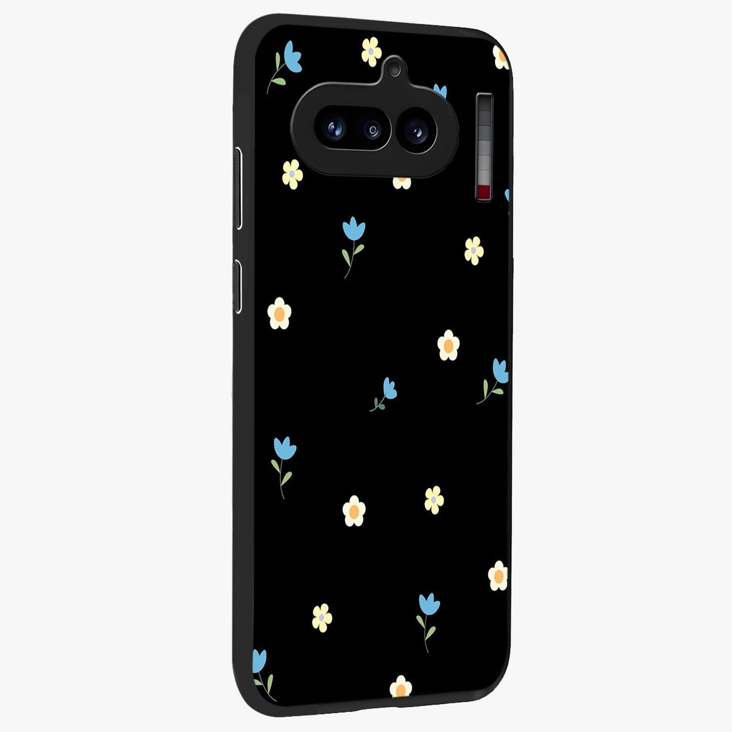 Minimal Petal Whispers Glass Case upright view showcasing elegant floral artwork with modern minimalist style.