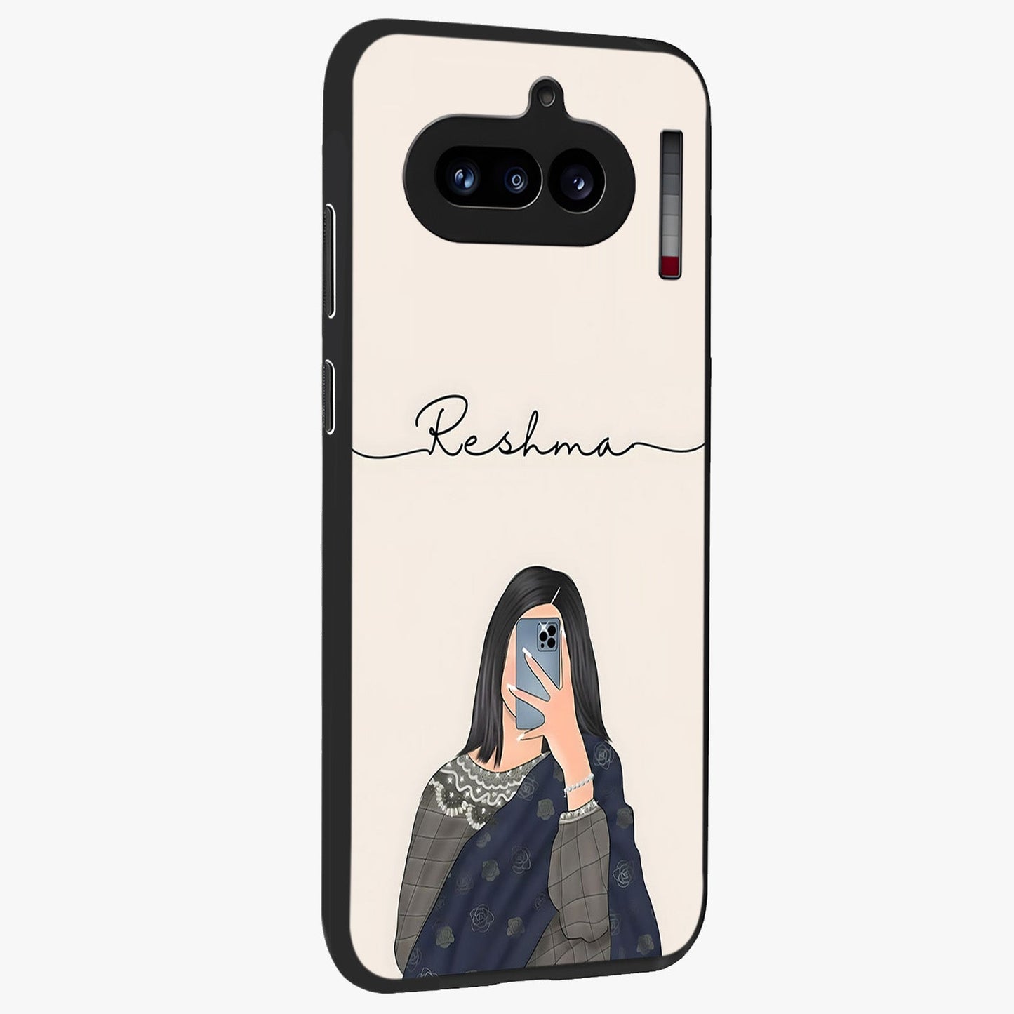 Mirror Mood Muse With Custom Name Glass Case upright view showcasing artistic mirror themed artwork with personalized aesthetic.