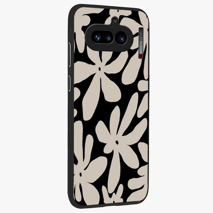 Monochrome Petal Dance Glass Case upright view showcasing artistic floral pattern with stylish monochrome theme.