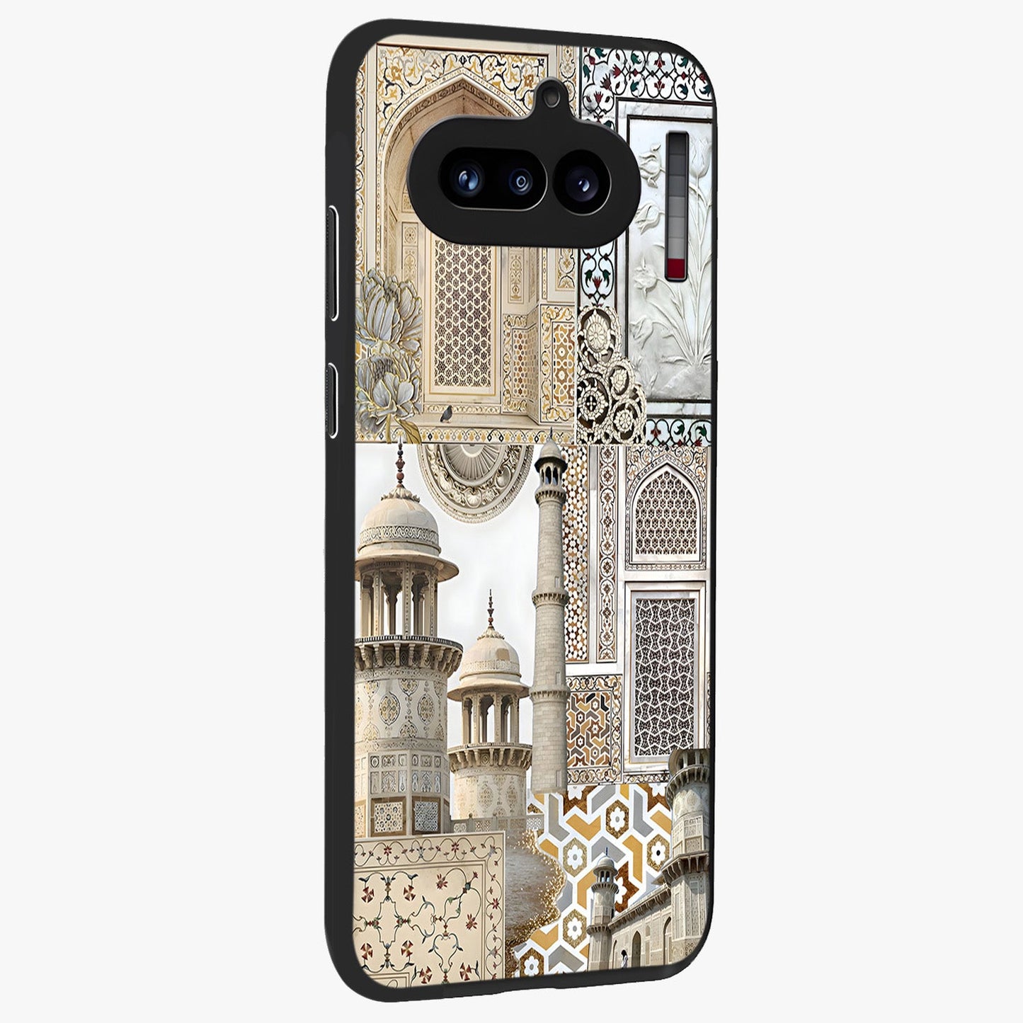 Mughal Marble Legacy Glass Case upright view showcasing ornate Mughal design with luxurious traditional theme.