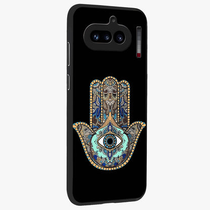 Mystic Hamsa Eye Glass Case upright view showcasing detailed hamsa eye artwork with protective spiritual theme.