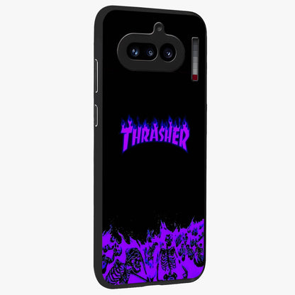 Neon Flame Riot Glass Case upright view showcasing dynamic flame artwork with energetic neon theme.