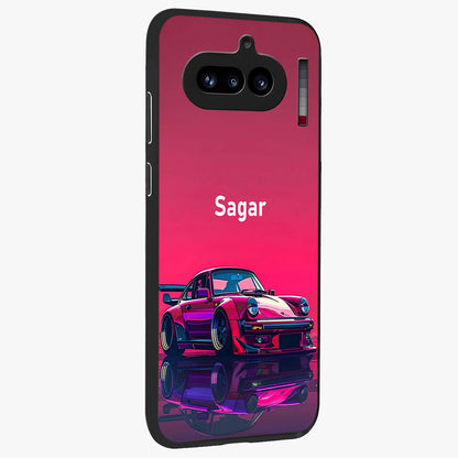 Neon Pink Porsche Glass Case upright view showcasing vibrant sports car artwork with bold automotive theme.