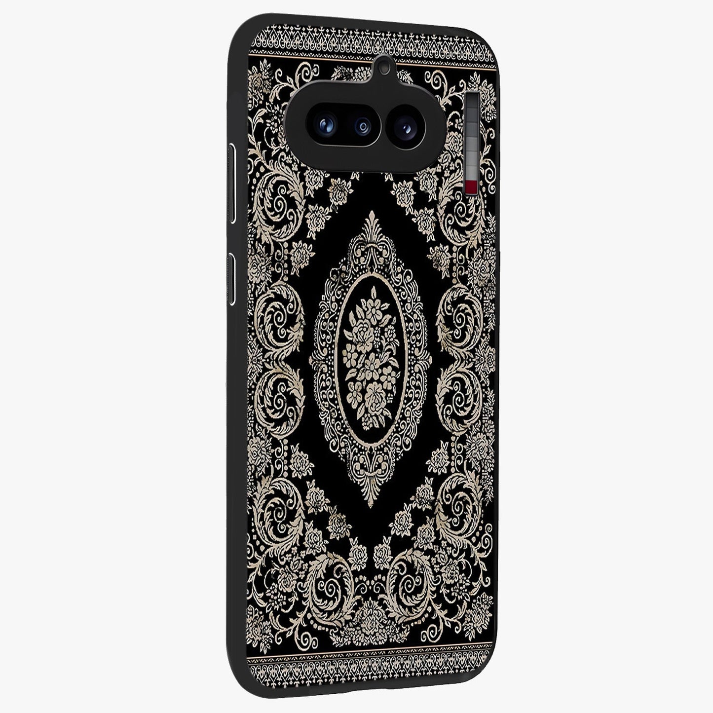 Noir Bloom Elegance Glass Case upright view showcasing graceful floral artwork with luxurious dark theme.