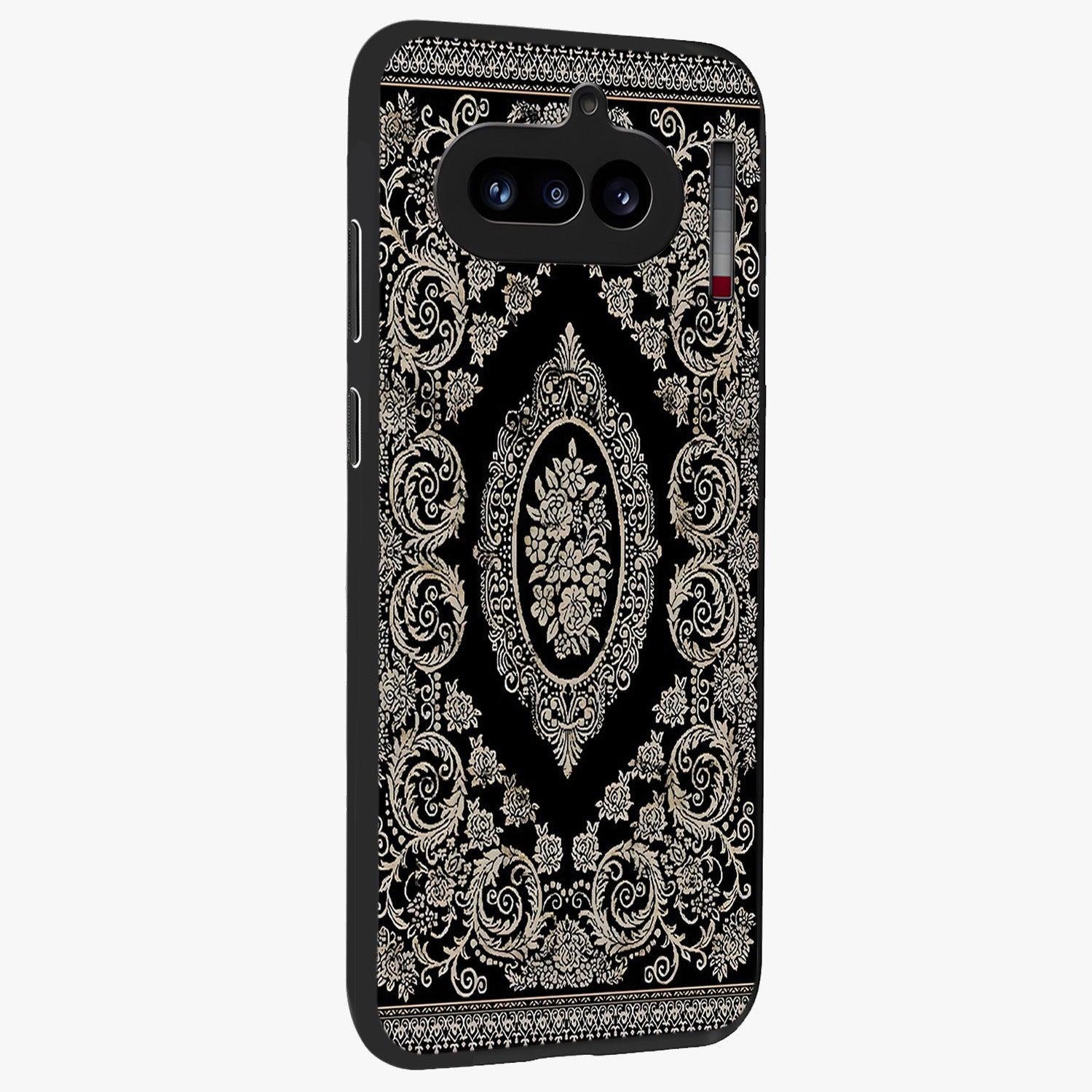 Noir Bloom Elegance Glass Case upright view showcasing graceful floral artwork with luxurious dark theme.
