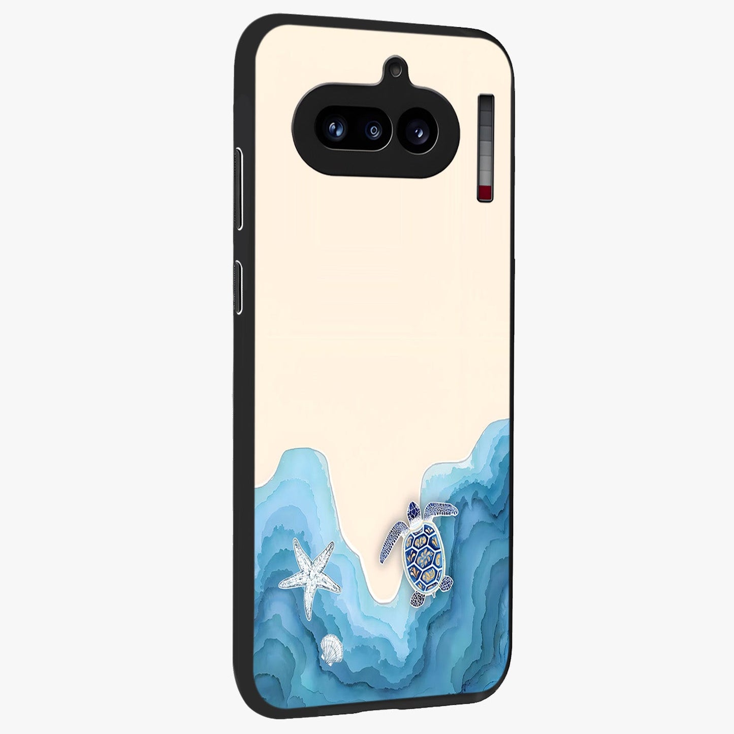 Ocean Drift Turtle Glass Case upright view showcasing calm underwater turtle artwork with nature inspired theme.