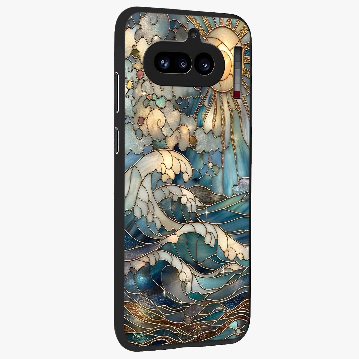 Oceanic Stained Printed Glass Case upright view showcasing decorative ocean pattern artwork with vibrant marine theme.