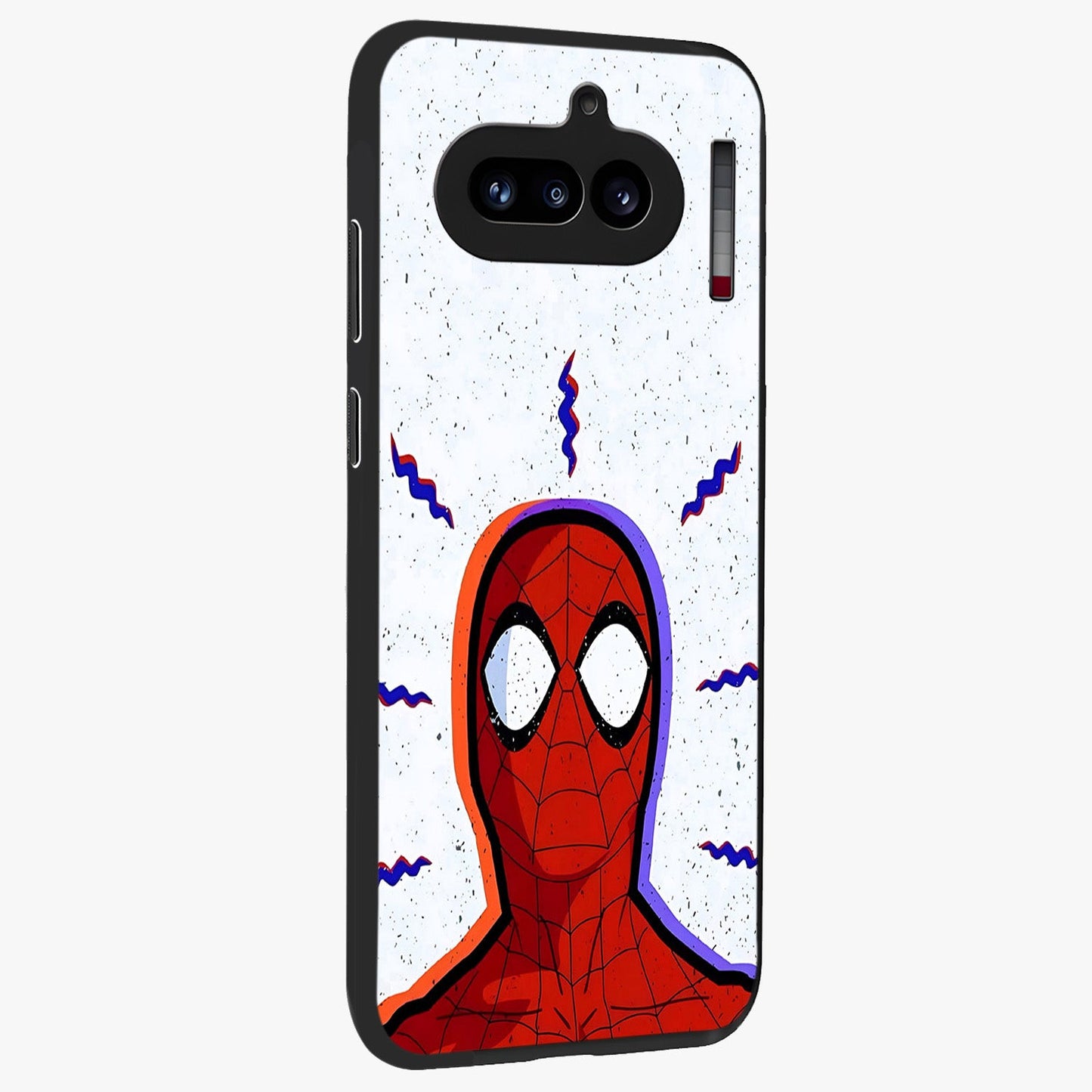 Omg Spiderman Glass Case upright view showcasing energetic superhero artwork with vibrant comic theme.