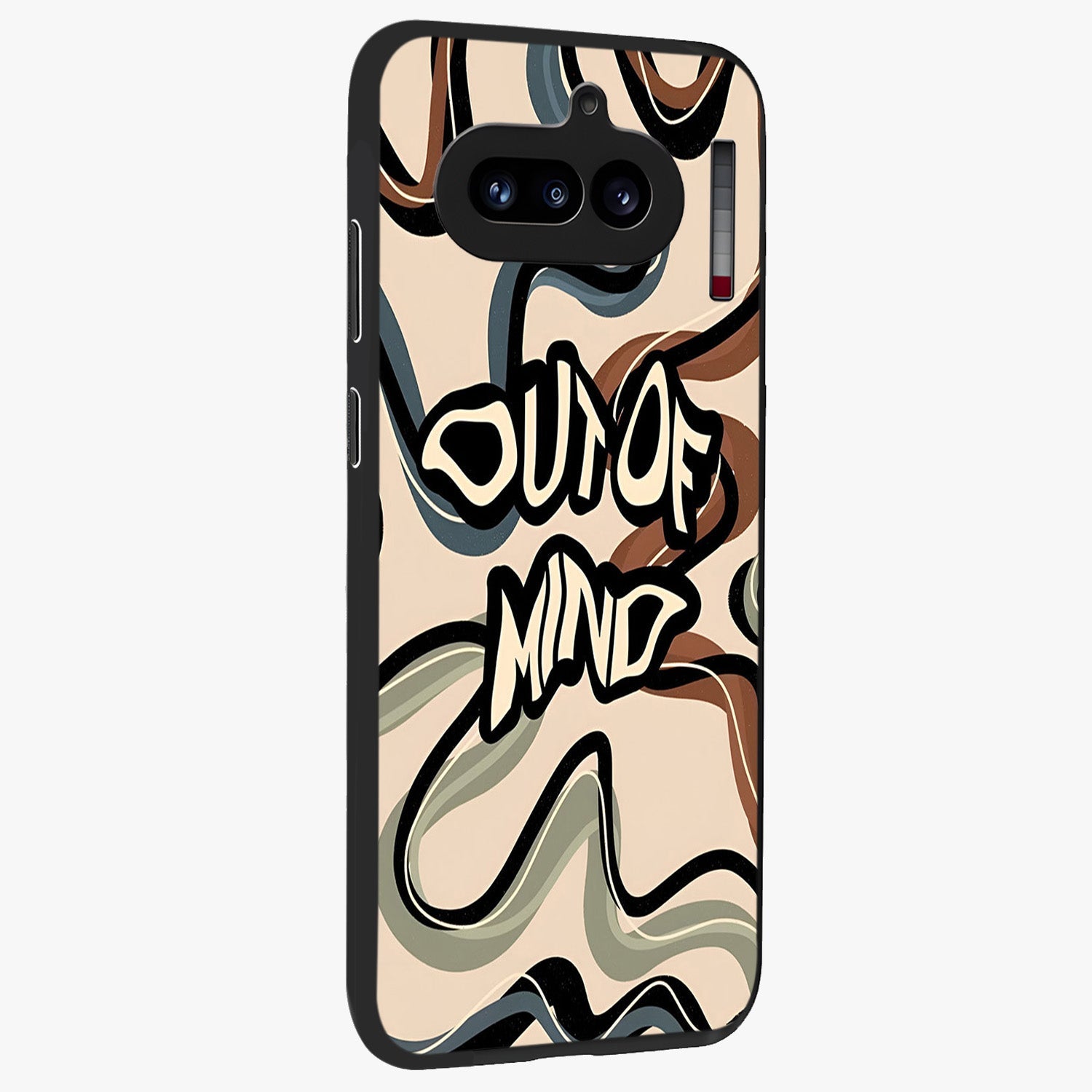 Out Of Mind Glass Case upright view showcasing striking typography artwork with edgy conceptual theme.
