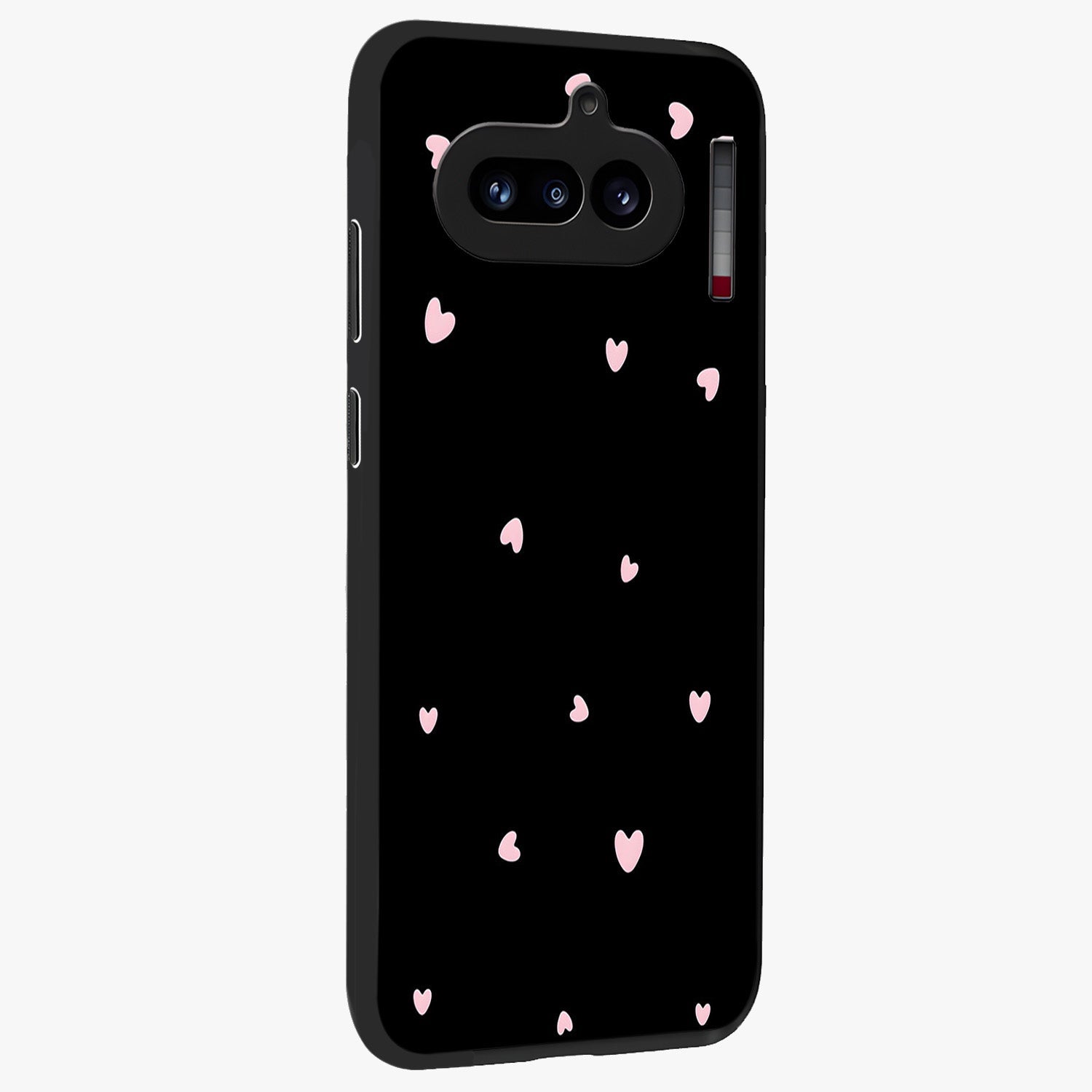 Pink Love Drops Glass Case upright view showcasing charming heart drop artwork with romantic playful theme.