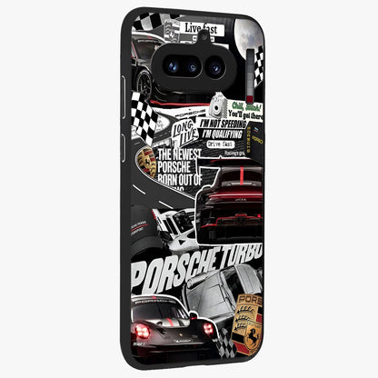 Porsche Racing Collage Glass Case upright view showcasing energetic car collage artwork with high speed racing theme.