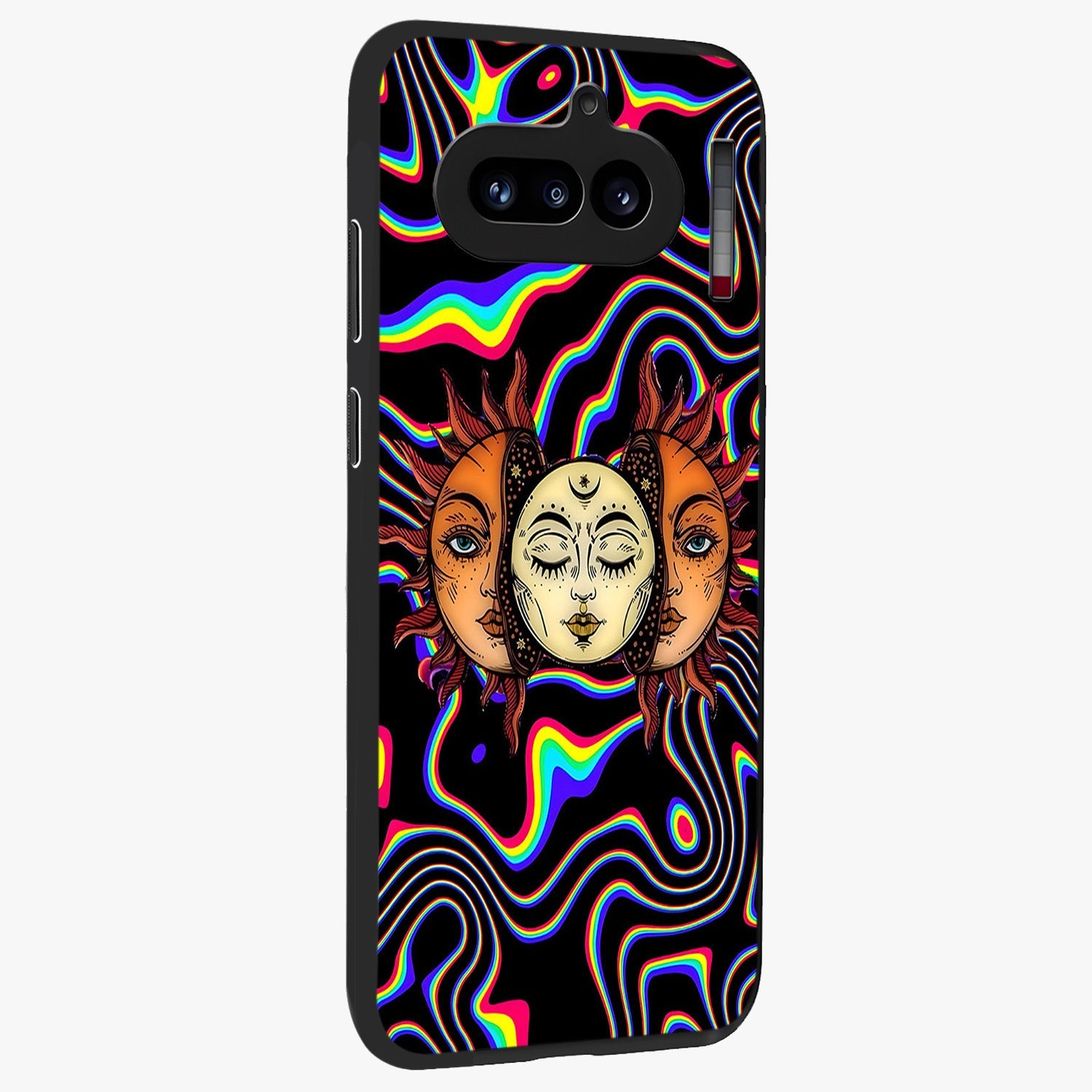 Psychedelic Sun Glass Case upright view showcasing trippy sun artwork with bold psychedelic theme.