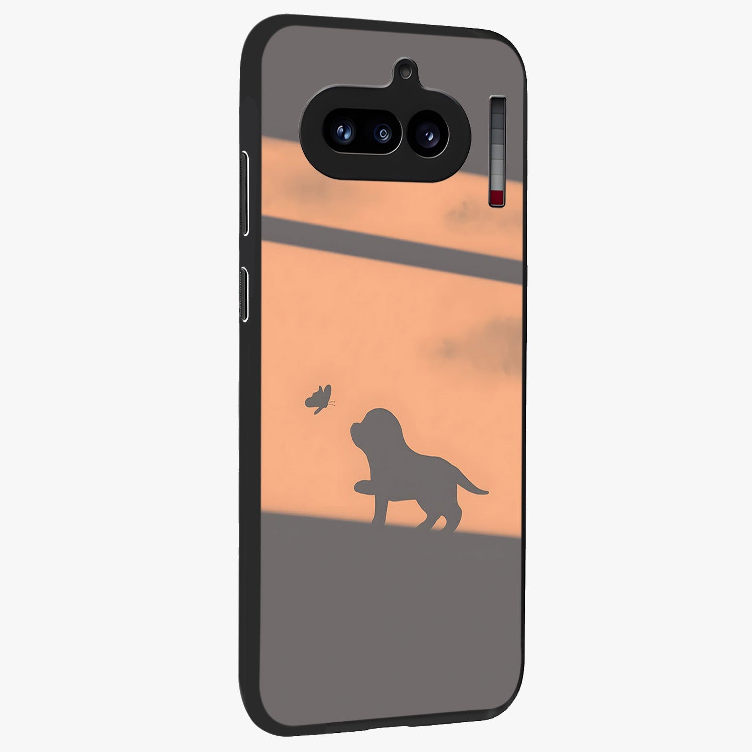 Puppy Shadow Art Glass Case upright view showcasing charming puppy artwork with creative silhouette theme.