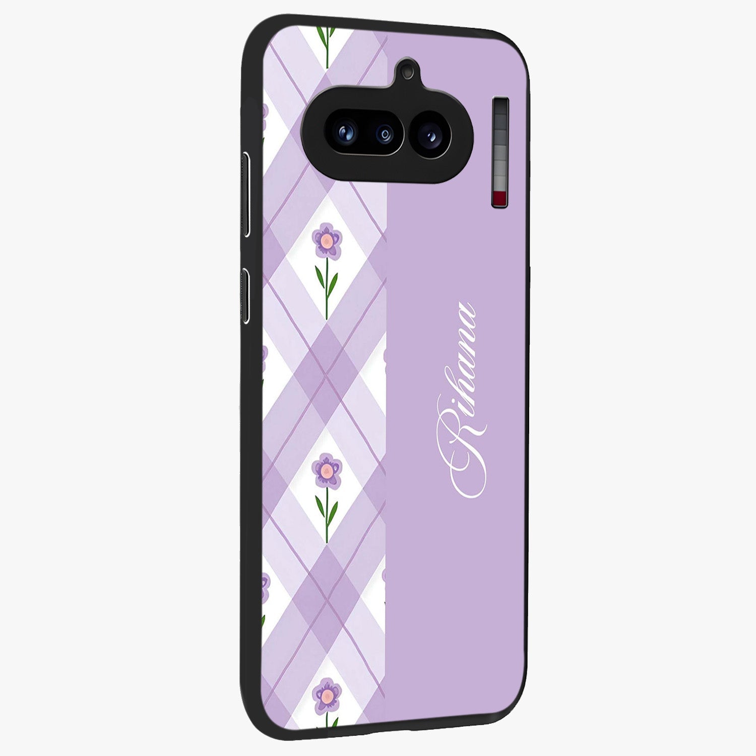 Purple Diamond Floral Glass Case upright view showcasing vibrant floral artwork with stylish geometric theme.