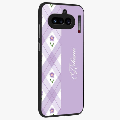 Purple Diamond Floral Glass Case upright view showcasing vibrant floral artwork with stylish geometric theme.