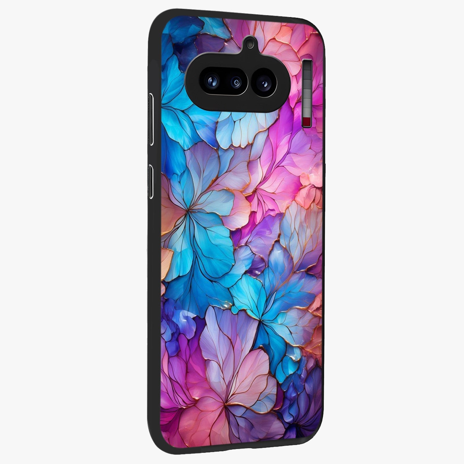 Radiant Floral Whirl Glass Case upright view showcasing lively floral artwork with decorative swirl theme.