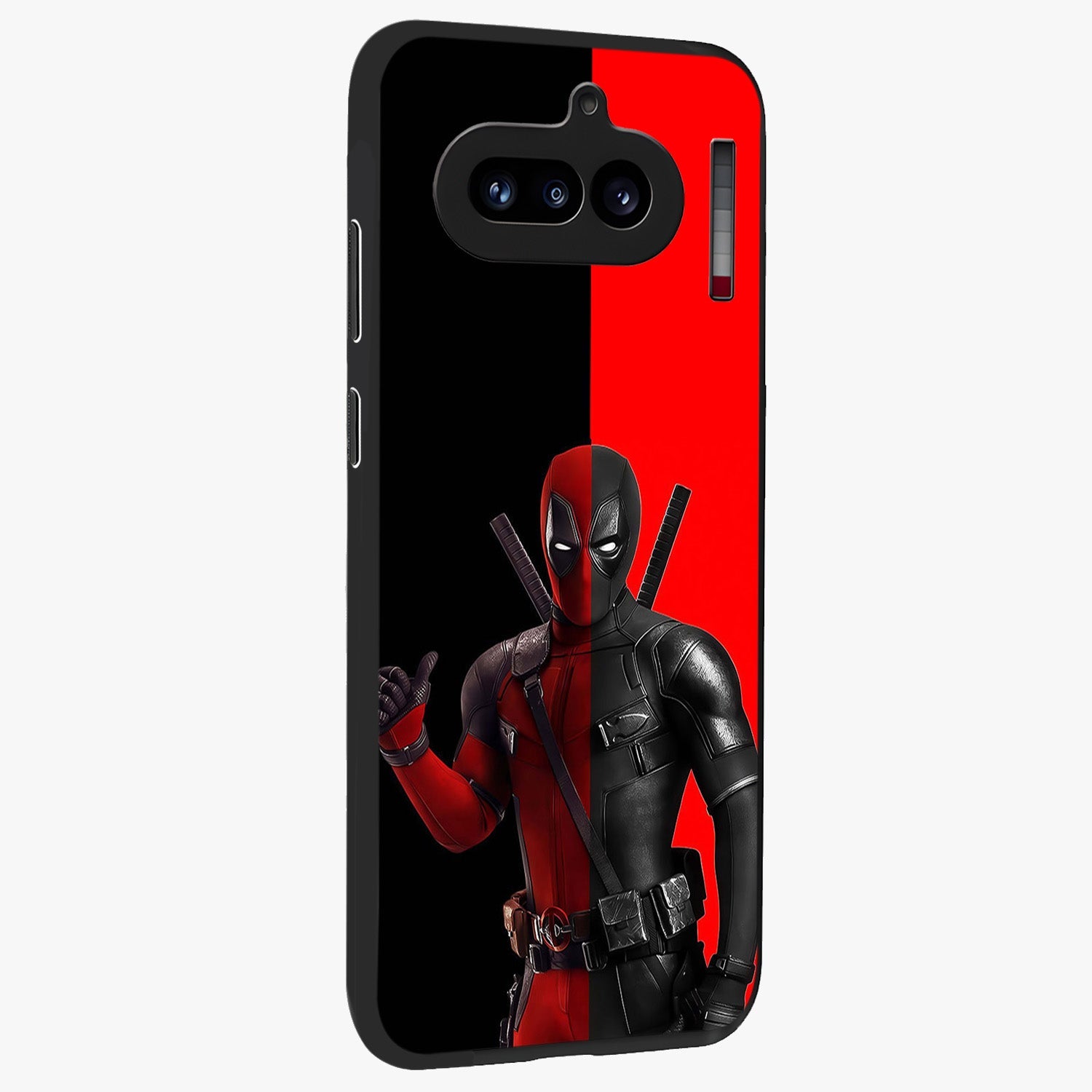 Red & Black Deadpool Theme Glass Case upright view showcasing energetic comic themed artwork with striking red and black design.