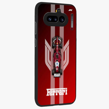 Red Ferrari F1 Vertical Glass Case upright view showcasing powerful Formula car artwork with dynamic motorsport theme.