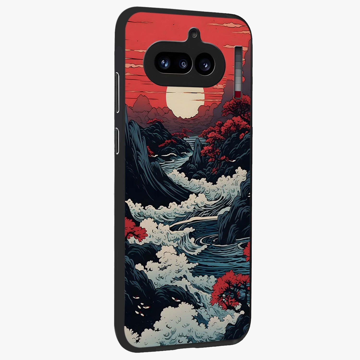 Red Sunset Scenery Glass Case upright view showcasing dramatic sunset scenery artwork with warm nature theme.