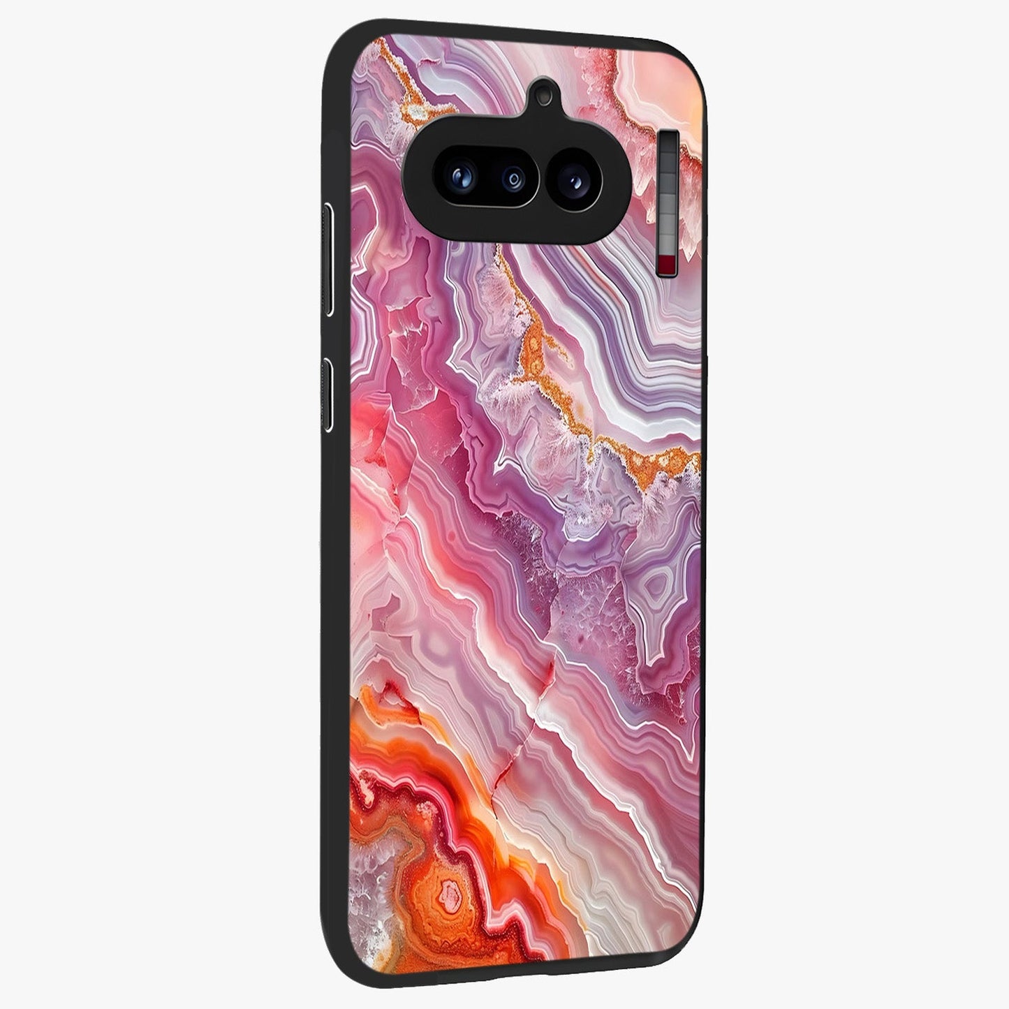Rose Quartz Marble Glass Case upright view showcasing decorative marble artwork with luxurious pastel theme.