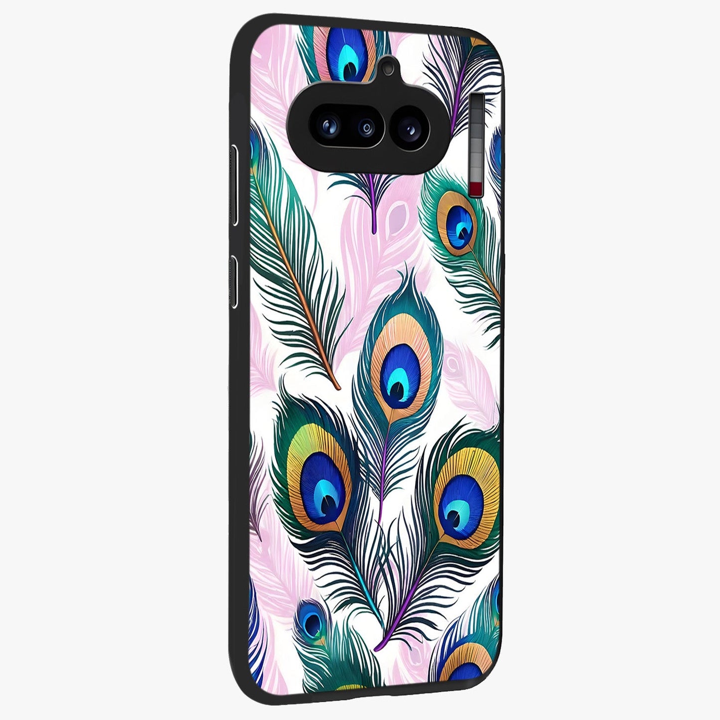 Royal Peacock Feathers Glass Case upright view showcasing elegant peacock feather artwork with decorative royal theme.