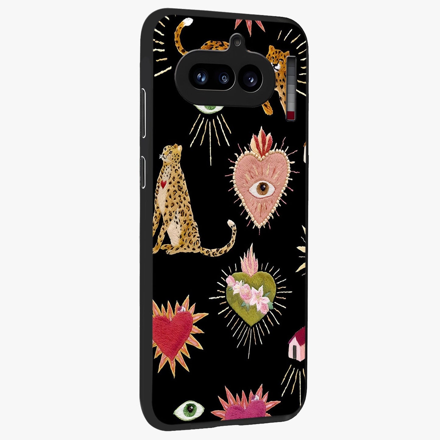 Sacred Jungle Heart Glass Case upright view showcasing vibrant jungle artwork with symbolic heart theme.