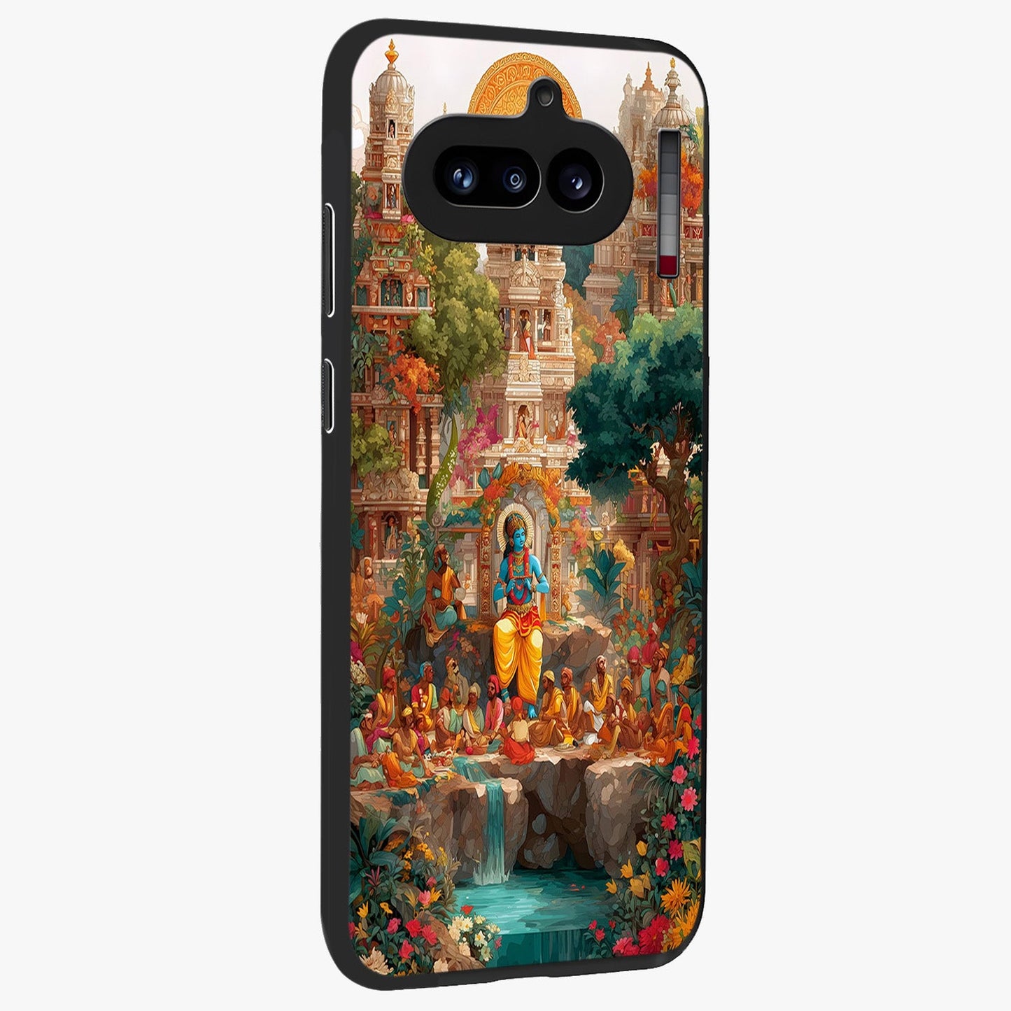 Sacred Sunlight Gods Glass Case upright view showcasing glowing divine artwork with sacred mythological theme.