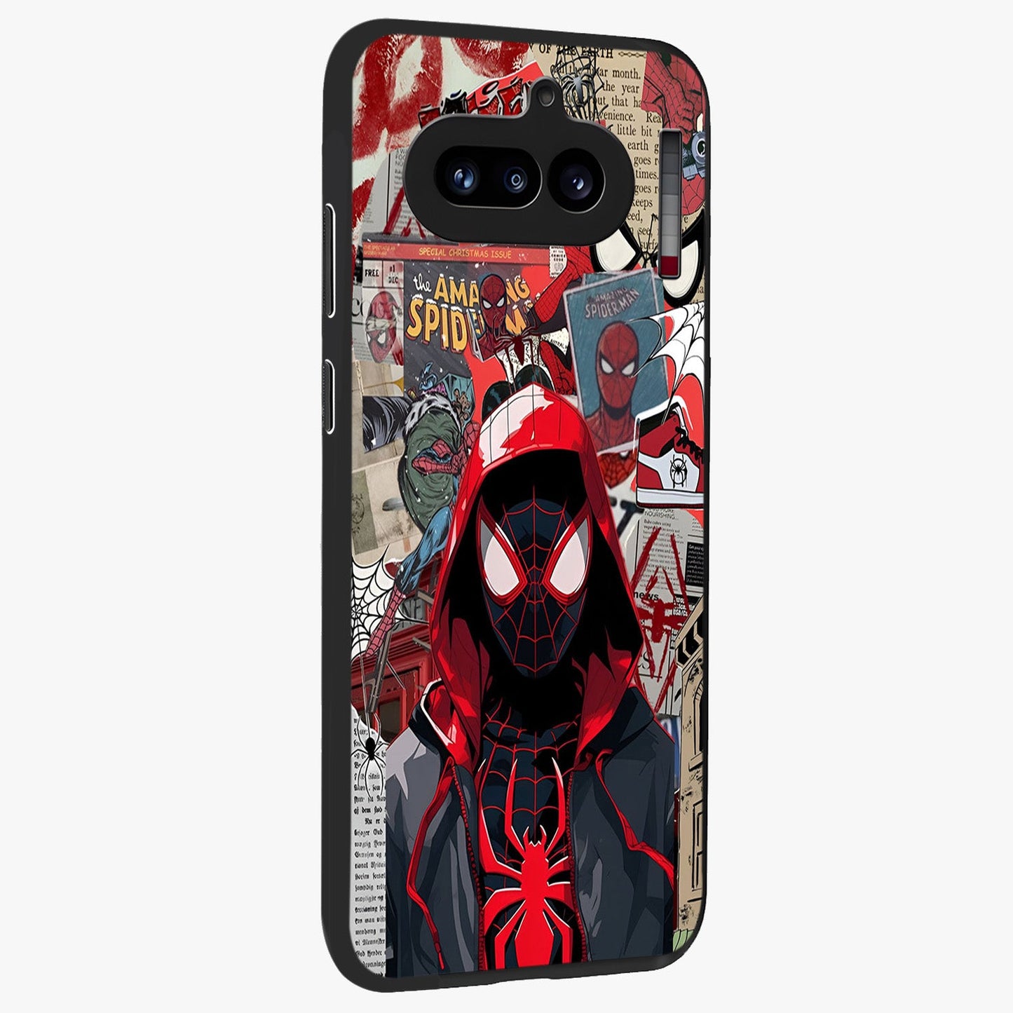 Spider Collage Street Glass Case upright view showcasing bold superhero artwork with urban street theme.